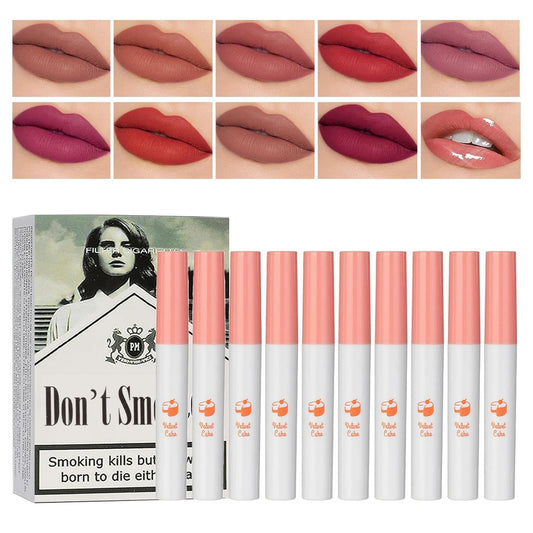 10 Colors Matte Lipstick Cigarettes Set,Red Matte Lipstick Lip Tint Stain Set,Waterproof Long Lasting Lipsticks 24 Hours,Gifts for Girl Women Birthday Party(D-10Pc)